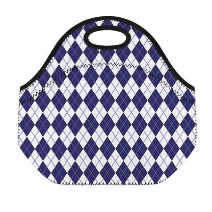 Navy Blue And White Argyle Pattern Print Neoprene Lunch Bag