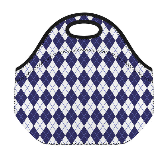 Navy Blue And White Argyle Pattern Print Neoprene Lunch Bag