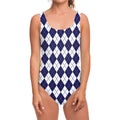 Navy Blue And White Argyle Pattern Print One Piece Swimsuit
