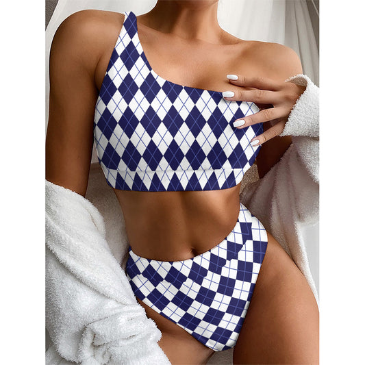 Navy Blue And White Argyle Pattern Print One Shoulder Bikini Top