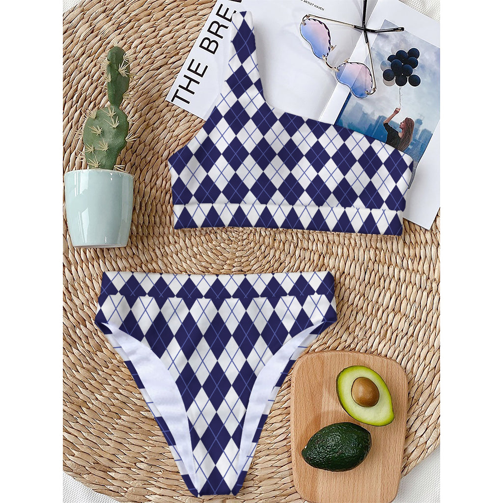 Navy Blue And White Argyle Pattern Print One Shoulder Bikini Top