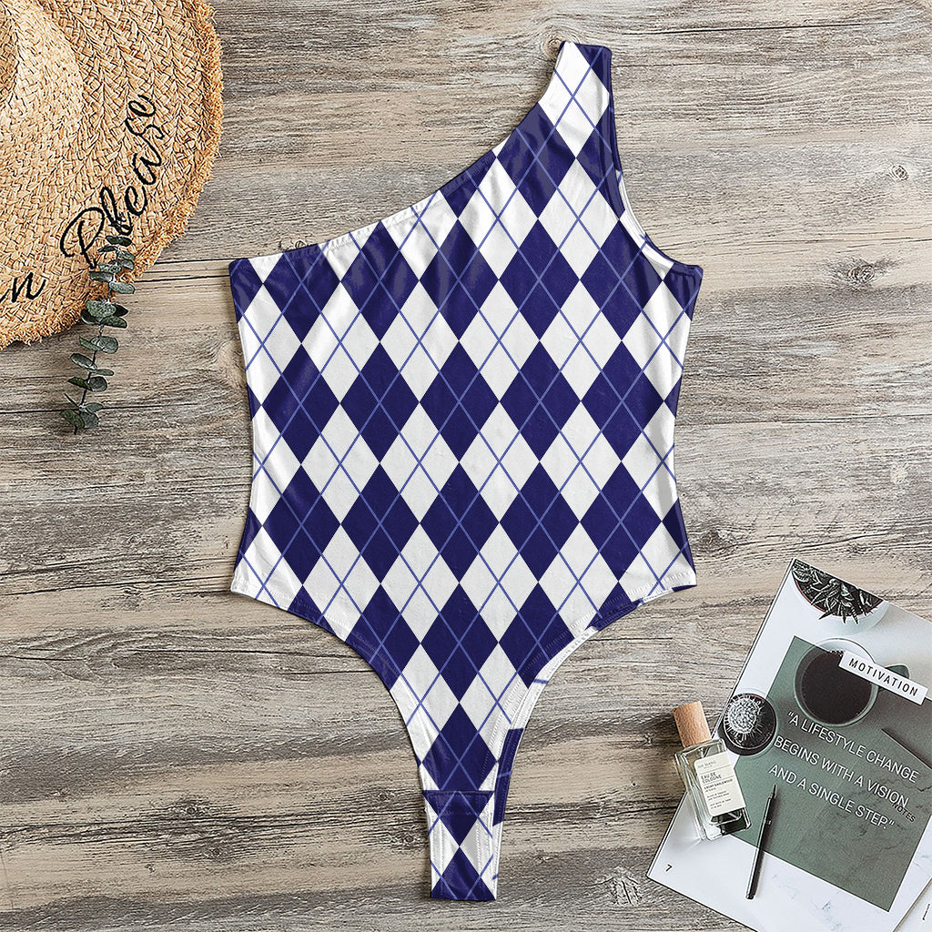 Navy Blue And White Argyle Pattern Print One Shoulder Bodysuit