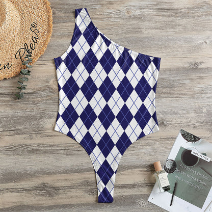 Navy Blue And White Argyle Pattern Print One Shoulder Bodysuit