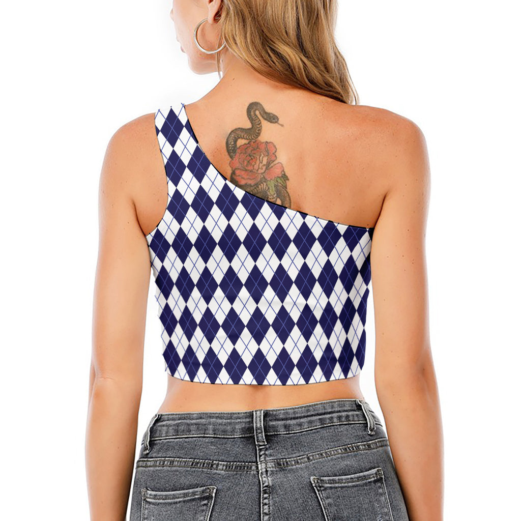 Navy Blue And White Argyle Pattern Print One Shoulder Crop Top