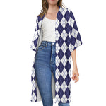 Navy Blue And White Argyle Pattern Print Open Front Beach Cover Up