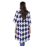 Navy Blue And White Argyle Pattern Print Open Front Beach Cover Up