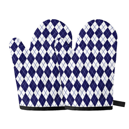 Navy Blue And White Argyle Pattern Print Oven Mitts