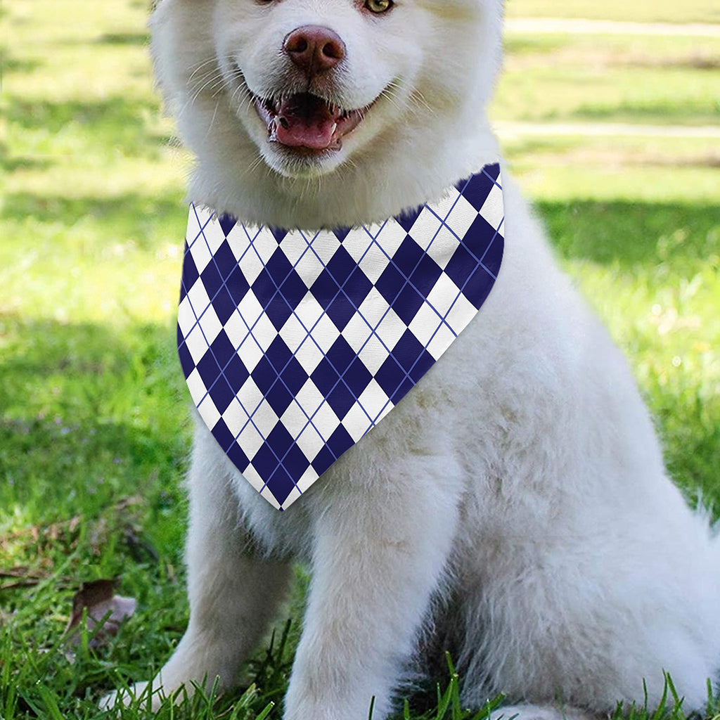Navy Blue And White Argyle Pattern Print Over The Collar Dog Bandana