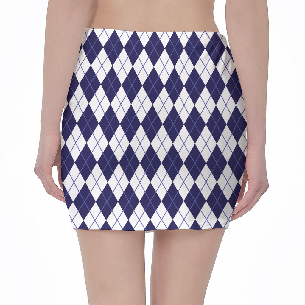 Navy Blue And White Argyle Pattern Print Pencil Mini Skirt