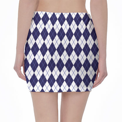 Navy Blue And White Argyle Pattern Print Pencil Mini Skirt