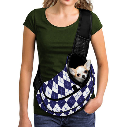 Navy Blue And White Argyle Pattern Print Pet Sling Carrier