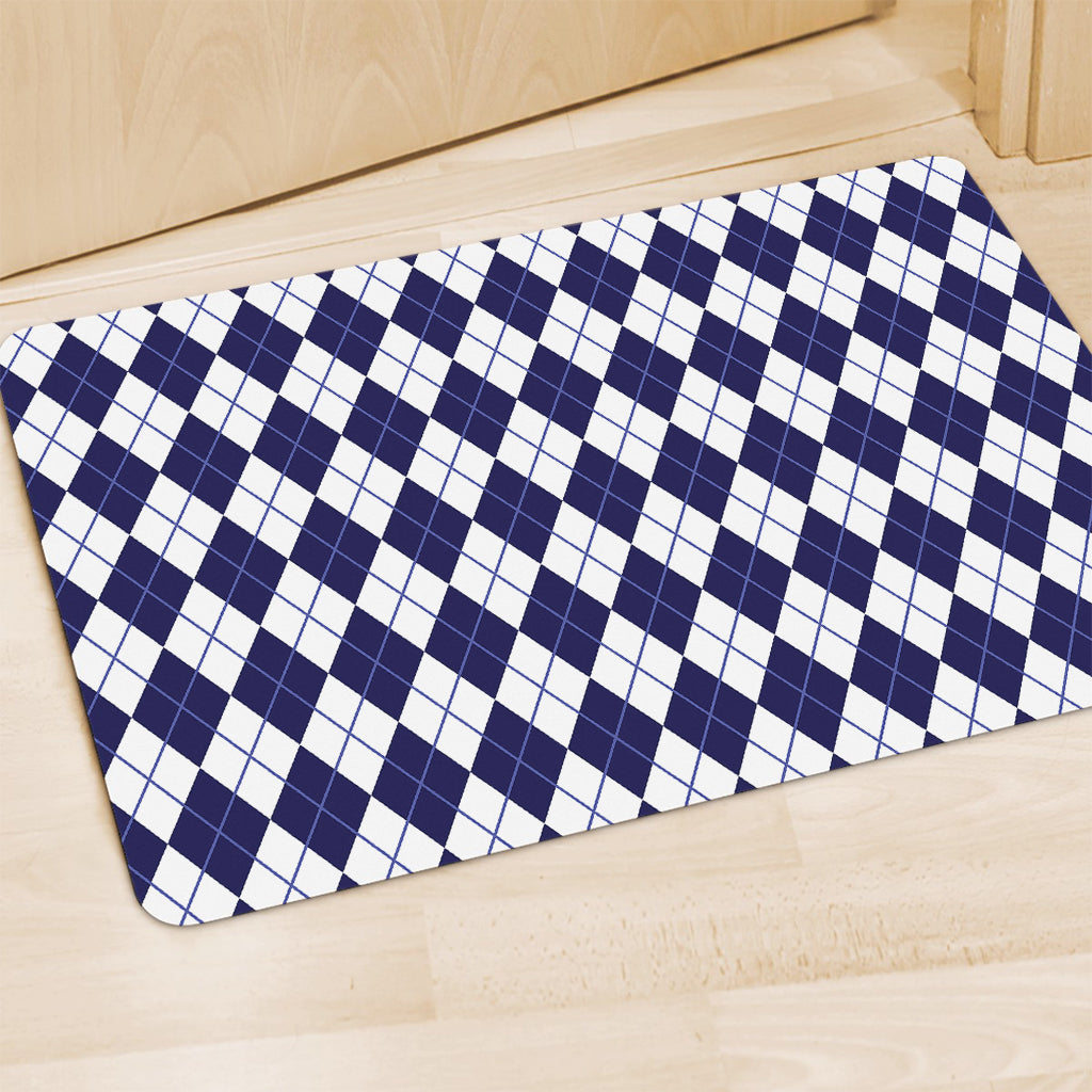 Navy Blue And White Argyle Pattern Print Polyester Doormat