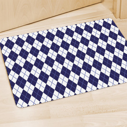 Navy Blue And White Argyle Pattern Print Polyester Doormat