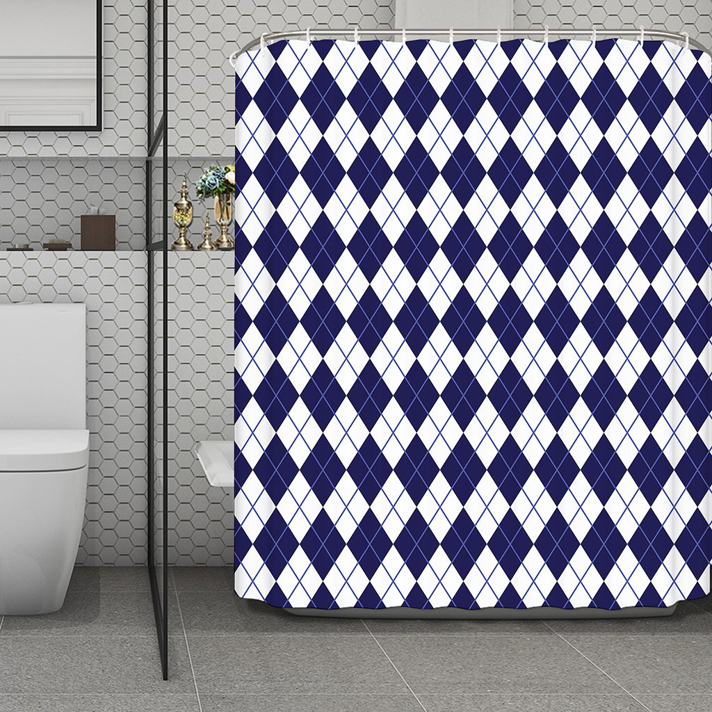 Navy Blue And White Argyle Pattern Print Polyester Shower Curtain