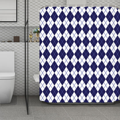 Navy Blue And White Argyle Pattern Print Polyester Shower Curtain