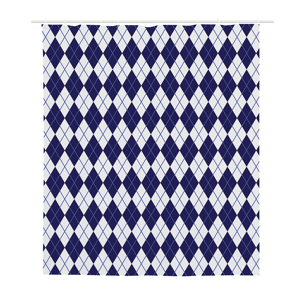 Navy Blue And White Argyle Pattern Print Polyester Shower Curtain
