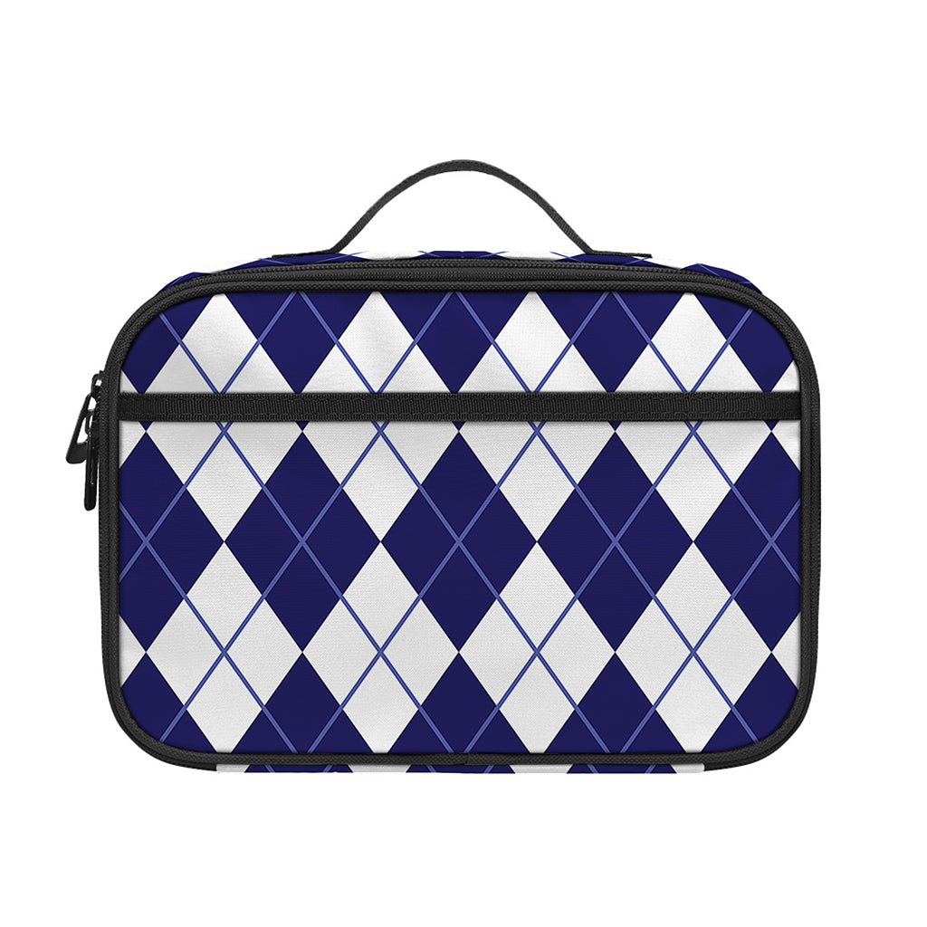 Navy Blue And White Argyle Pattern Print Portable Lunch Bag
