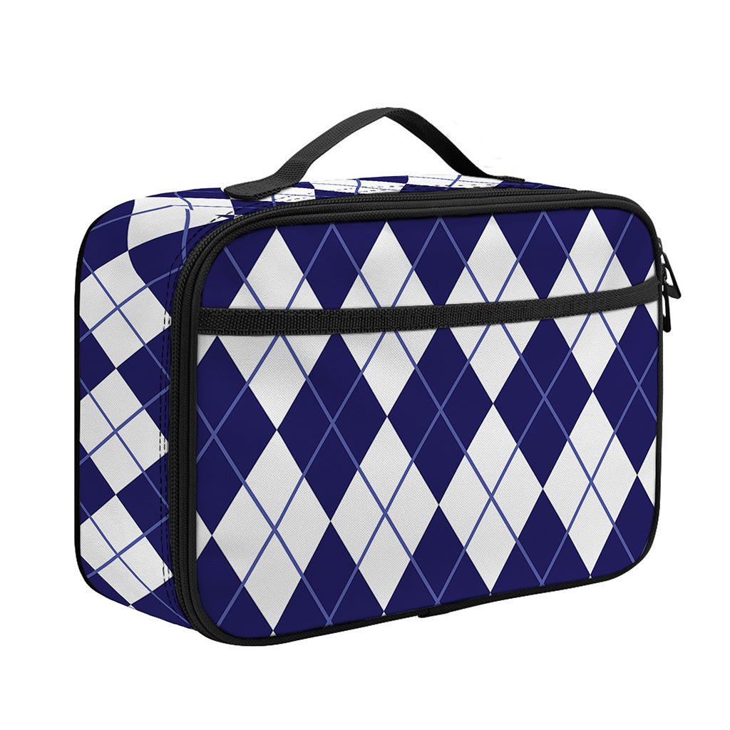 Navy Blue And White Argyle Pattern Print Portable Lunch Bag