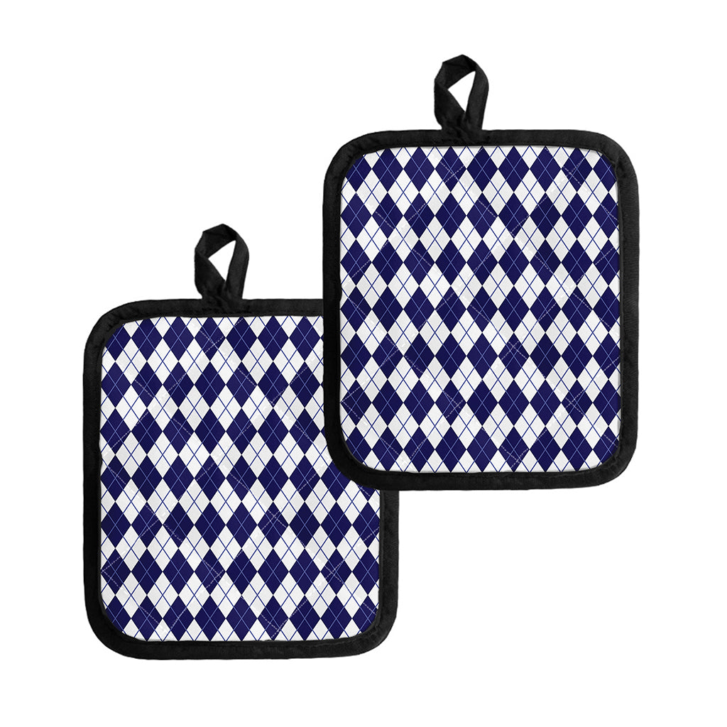 Navy Blue And White Argyle Pattern Print Pot Holders