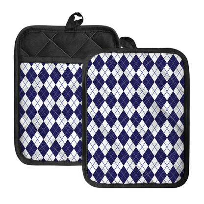 Navy Blue And White Argyle Pattern Print Pot Holders With Pocket