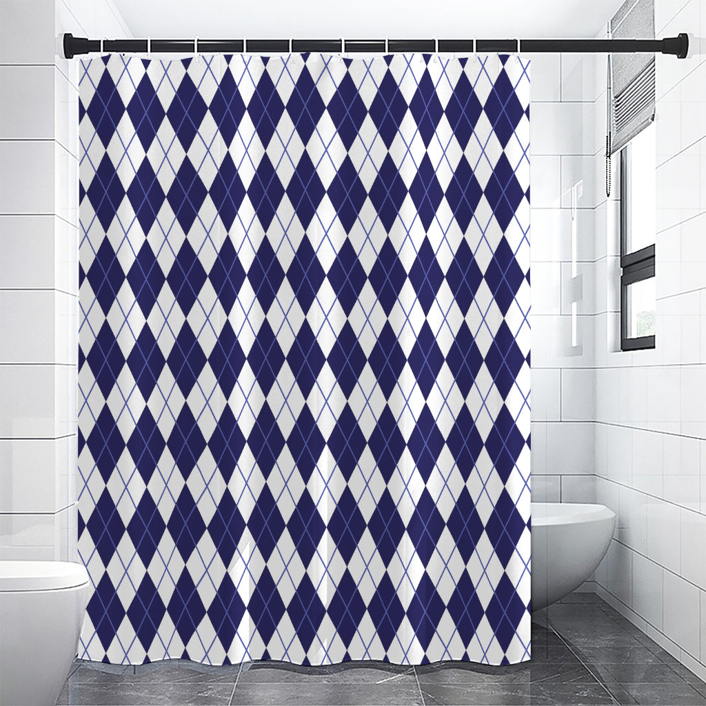 Navy Blue And White Argyle Pattern Print Premium Shower Curtain