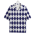 Navy Blue And White Argyle Pattern Print Rayon Hawaiian Shirt