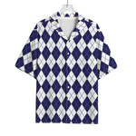 Navy Blue And White Argyle Pattern Print Rayon Hawaiian Shirt