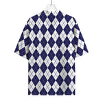 Navy Blue And White Argyle Pattern Print Rayon Hawaiian Shirt