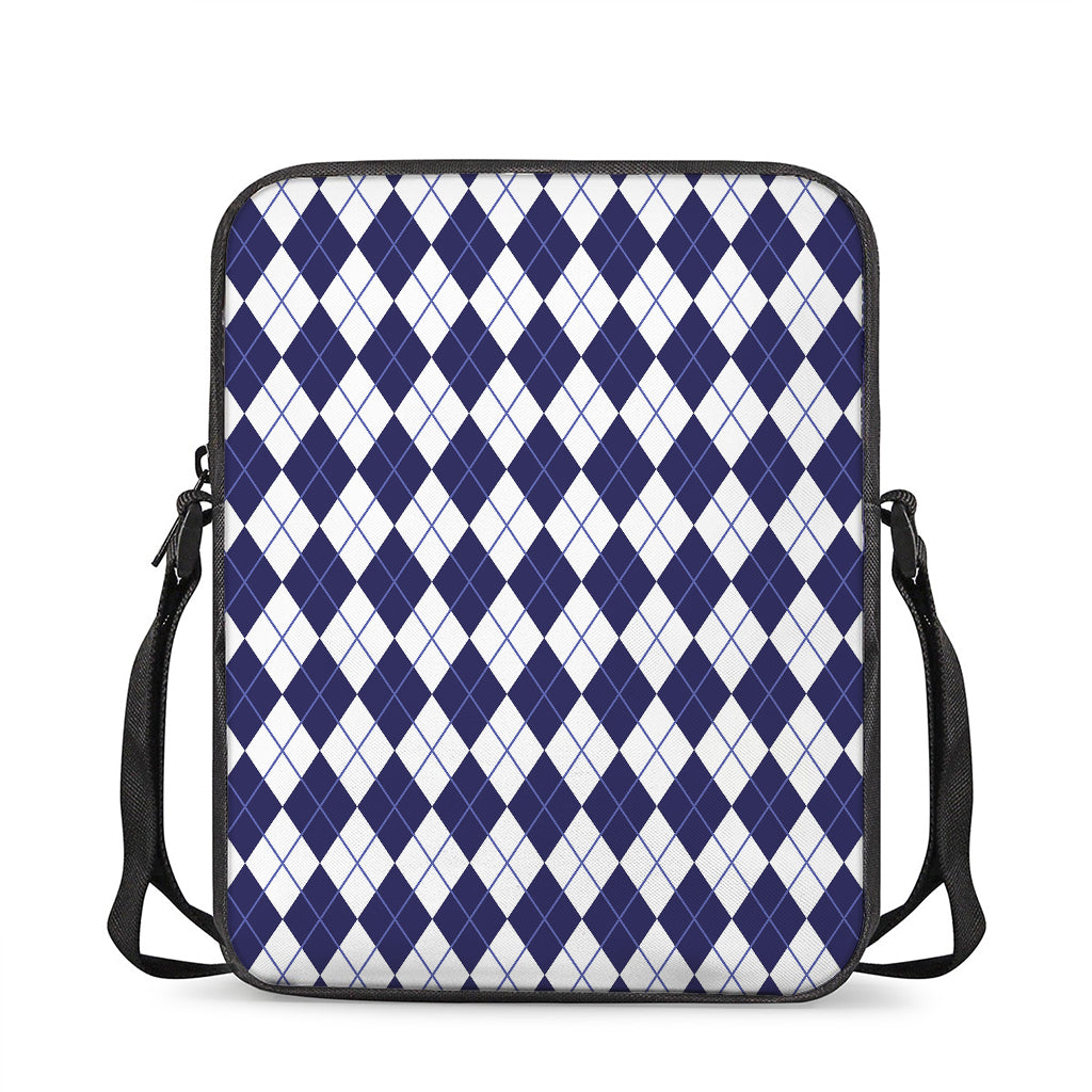 Navy Blue And White Argyle Pattern Print Rectangular Crossbody Bag