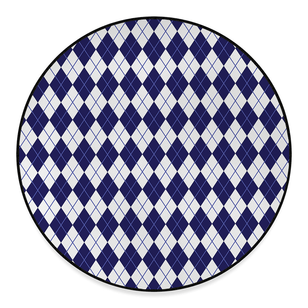Navy Blue And White Argyle Pattern Print Round Floor Mat