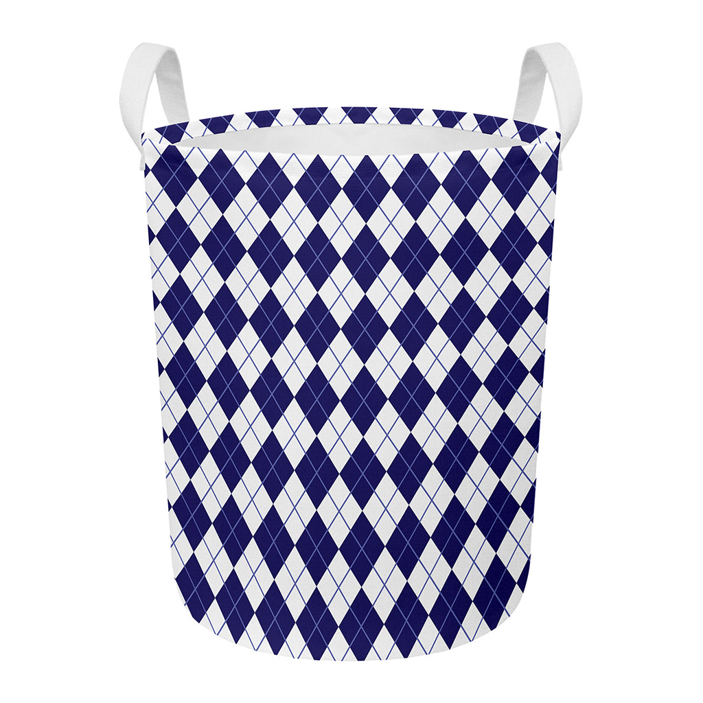 Navy Blue And White Argyle Pattern Print Round Laundry Basket