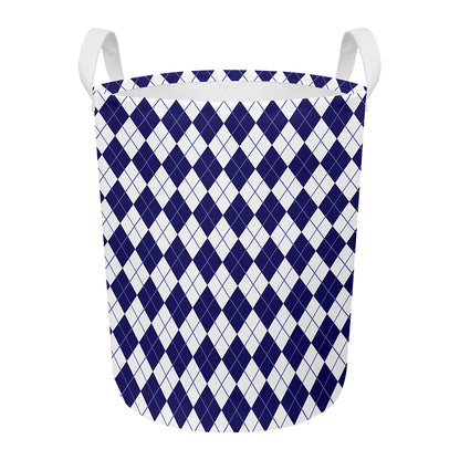 Navy Blue And White Argyle Pattern Print Round Laundry Basket