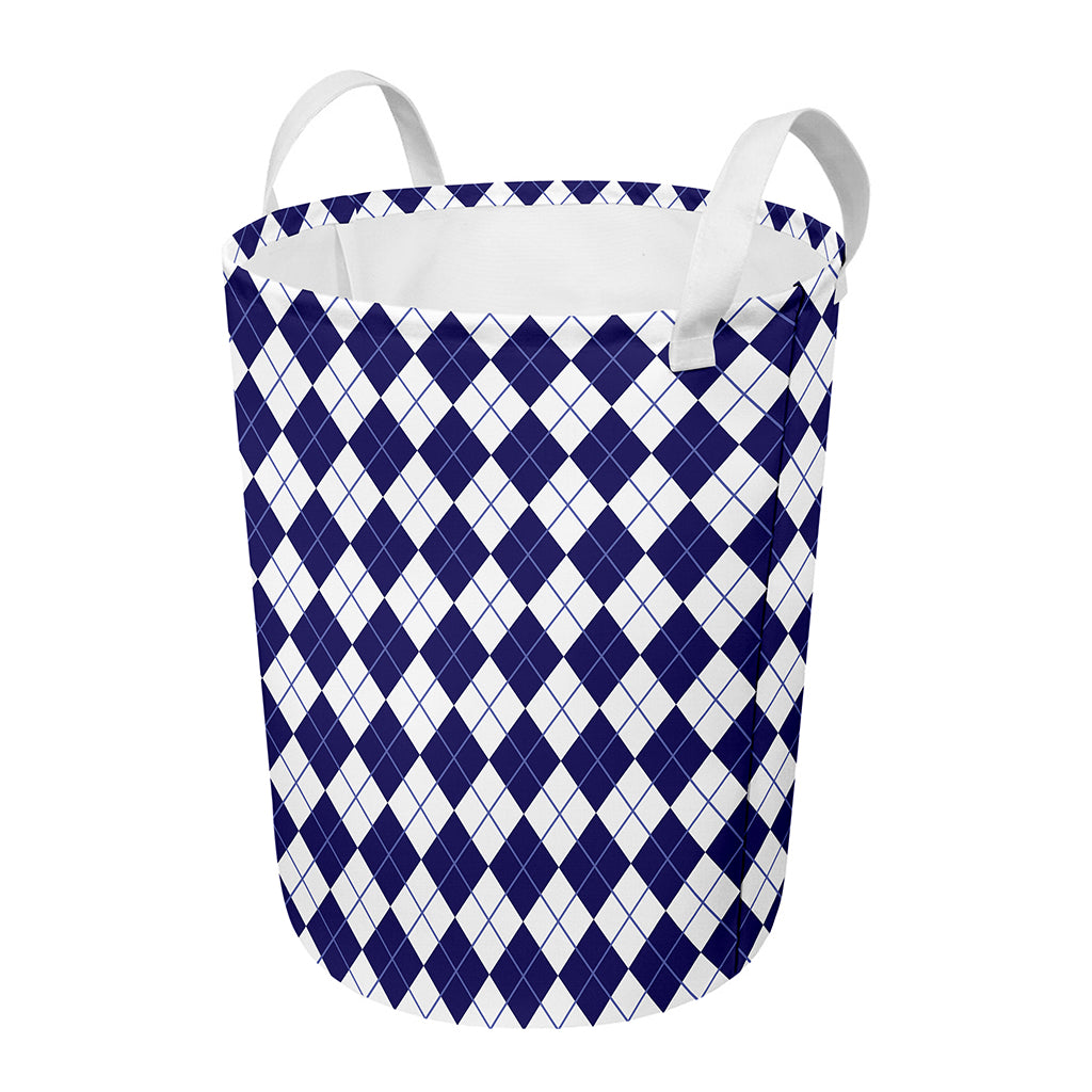 Navy Blue And White Argyle Pattern Print Round Laundry Basket