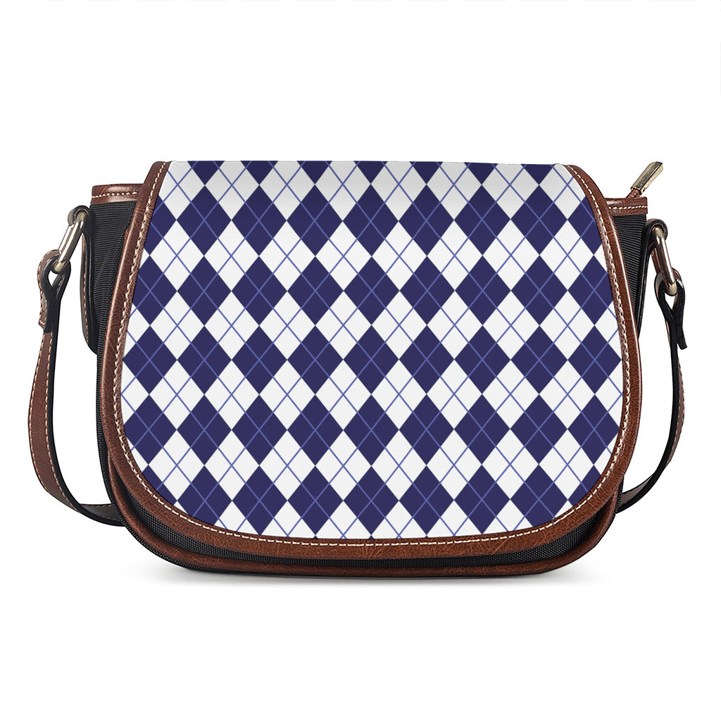 Navy Blue And White Argyle Pattern Print Saddle Bag