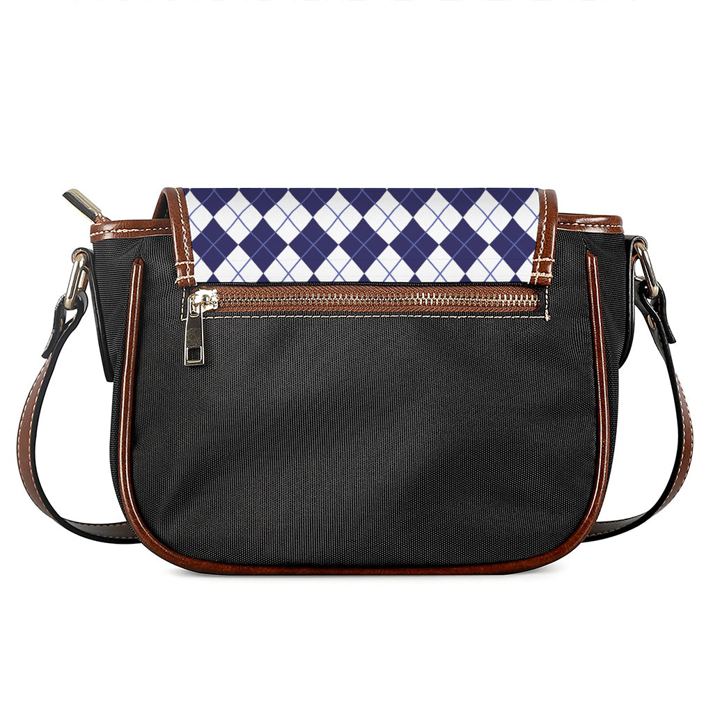 Navy Blue And White Argyle Pattern Print Saddle Bag