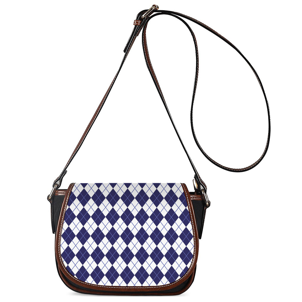 Navy Blue And White Argyle Pattern Print Saddle Bag