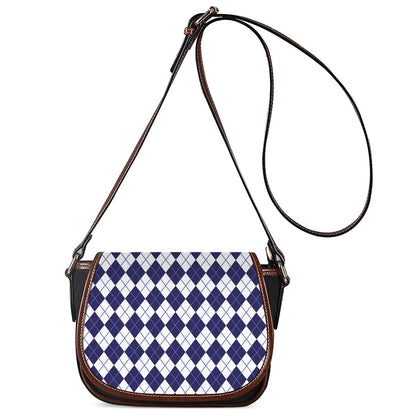 Navy Blue And White Argyle Pattern Print Saddle Bag