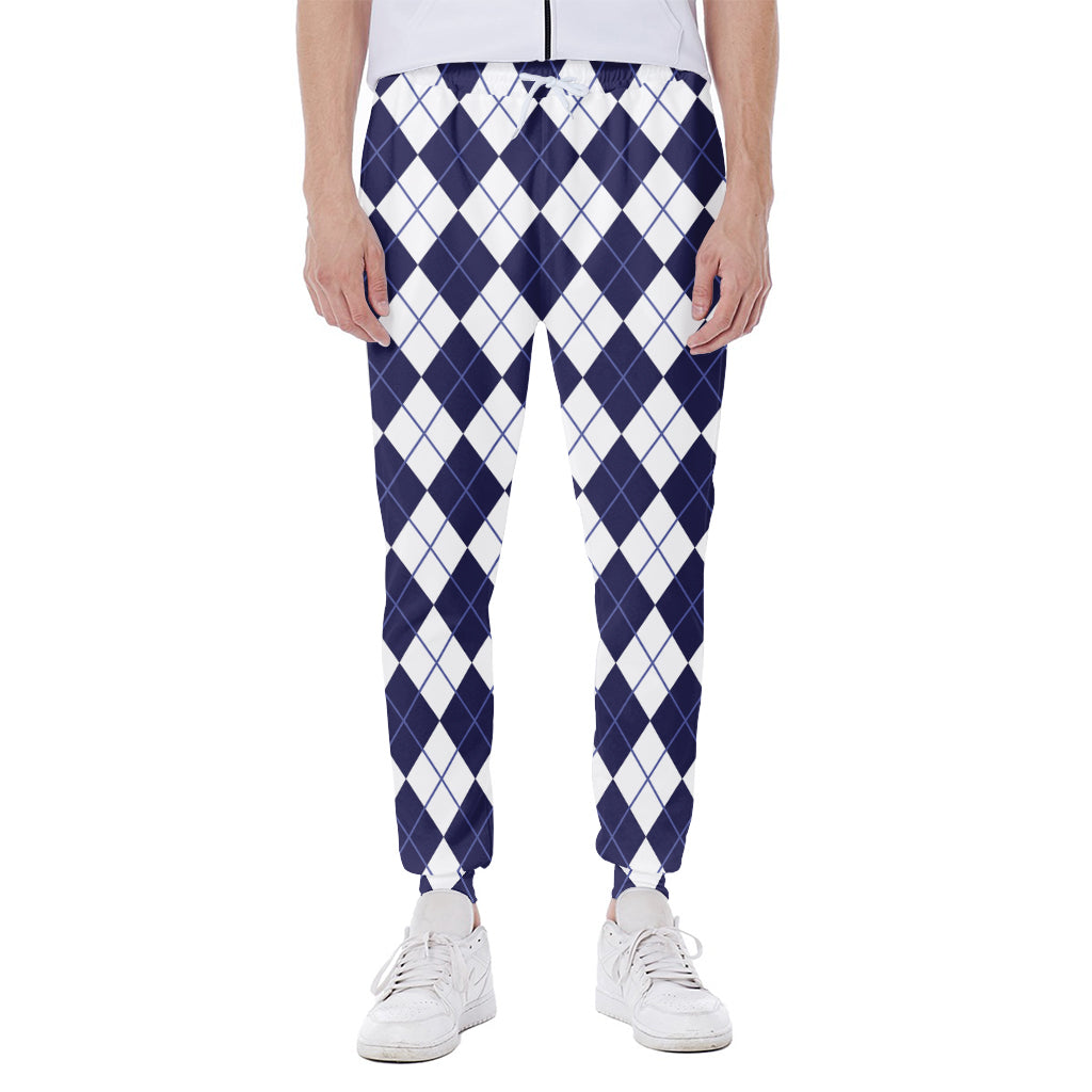 Navy Blue And White Argyle Pattern Print Scuba Joggers