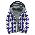 Navy Blue And White Argyle Pattern Print Sherpa Lined Zip Up Hoodie