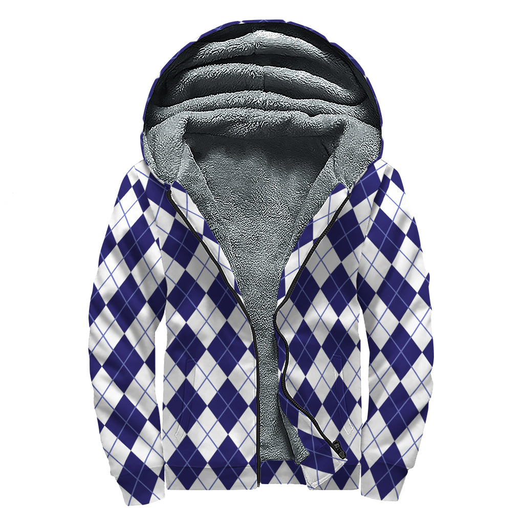 Navy Blue And White Argyle Pattern Print Sherpa Lined Zip Up Hoodie