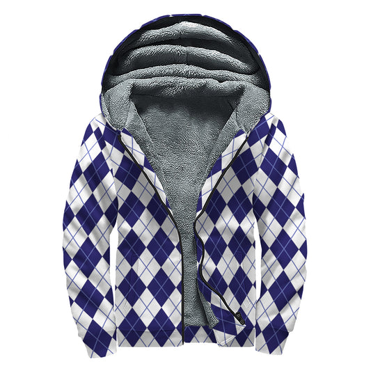 Navy Blue And White Argyle Pattern Print Sherpa Lined Zip Up Hoodie