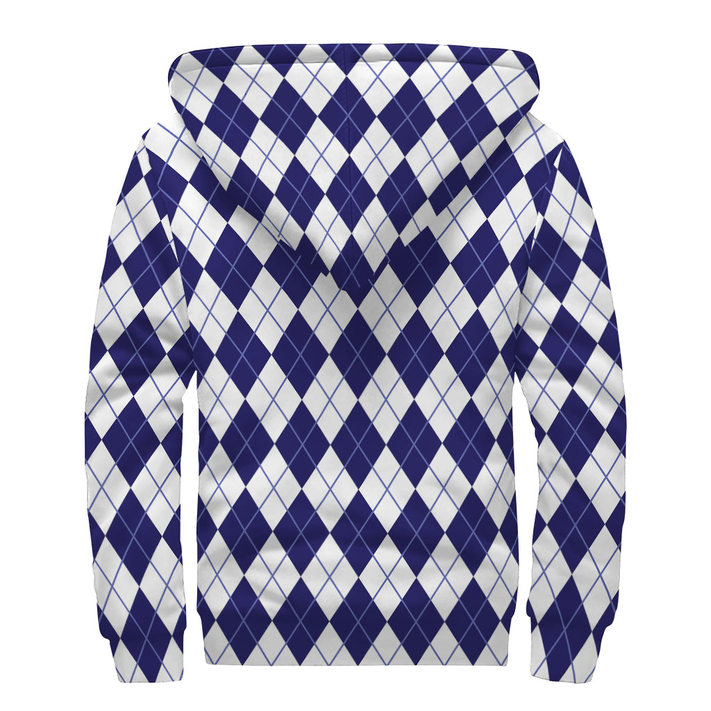 Navy Blue And White Argyle Pattern Print Sherpa Lined Zip Up Hoodie
