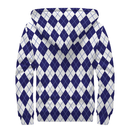 Navy Blue And White Argyle Pattern Print Sherpa Lined Zip Up Hoodie