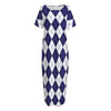 Navy Blue And White Argyle Pattern Print Short Sleeve Long Nightdress