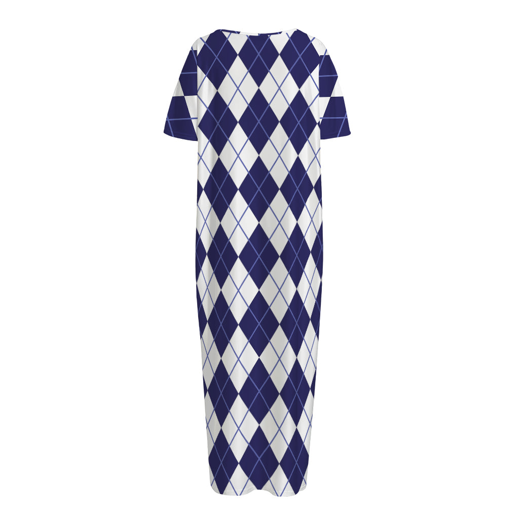 Navy Blue And White Argyle Pattern Print Short Sleeve Long Nightdress