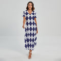 Navy Blue And White Argyle Pattern Print Short Sleeve Maxi Dress