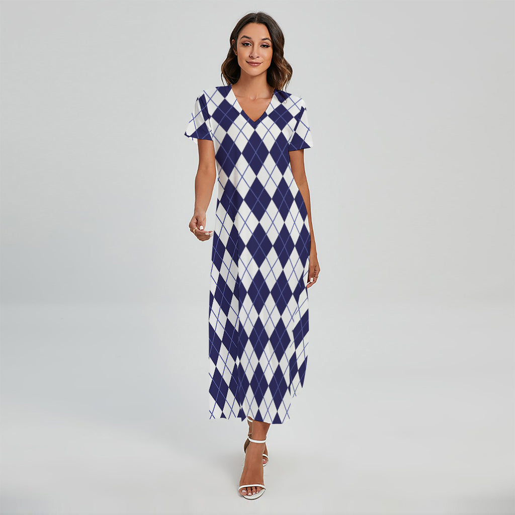 Navy Blue And White Argyle Pattern Print Short Sleeve Maxi Dress