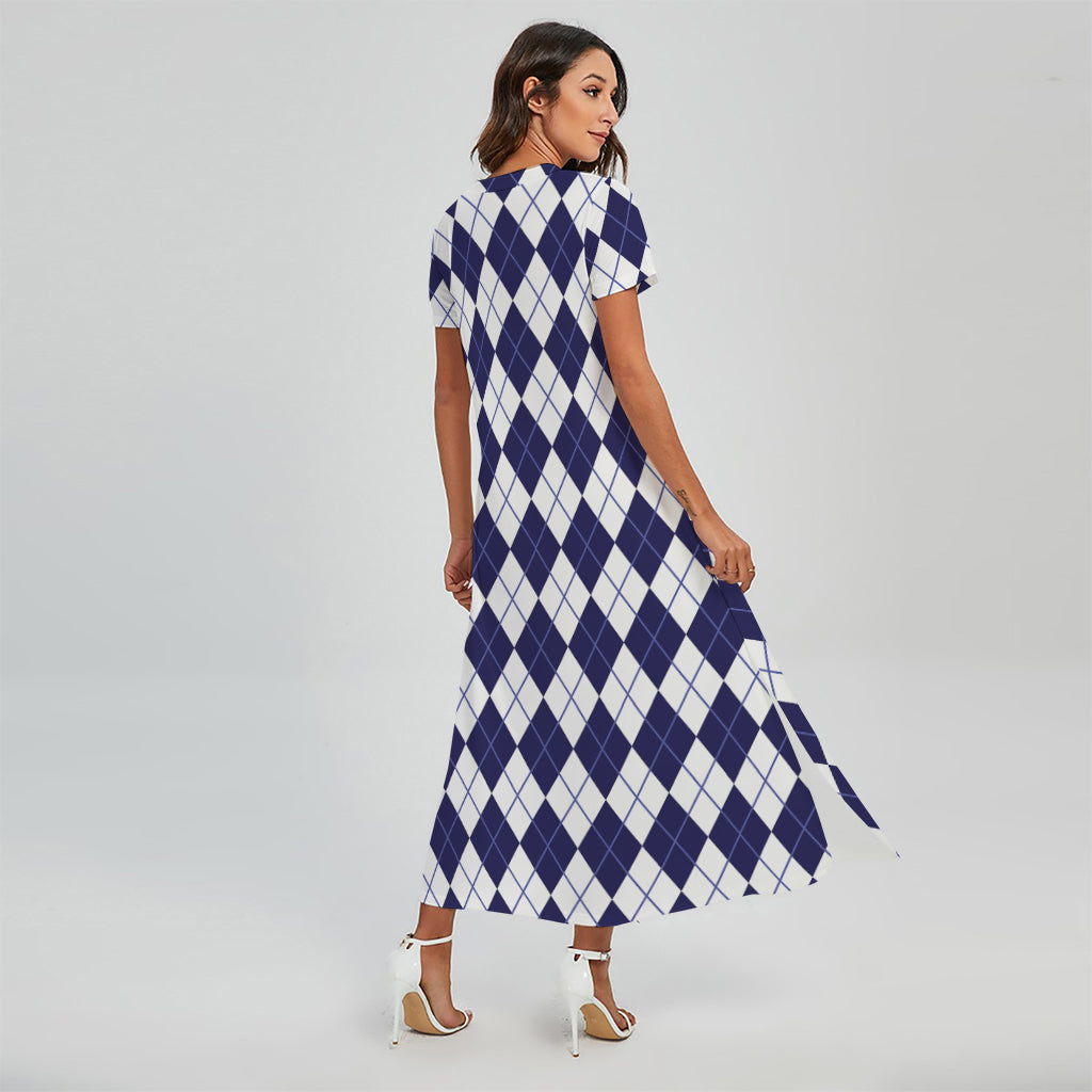Navy Blue And White Argyle Pattern Print Short Sleeve Maxi Dress