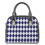 Navy Blue And White Argyle Pattern Print Shoulder Handbag
