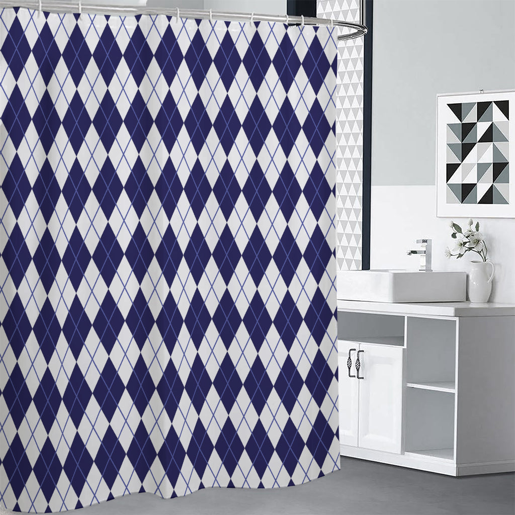 Navy Blue And White Argyle Pattern Print Shower Curtain